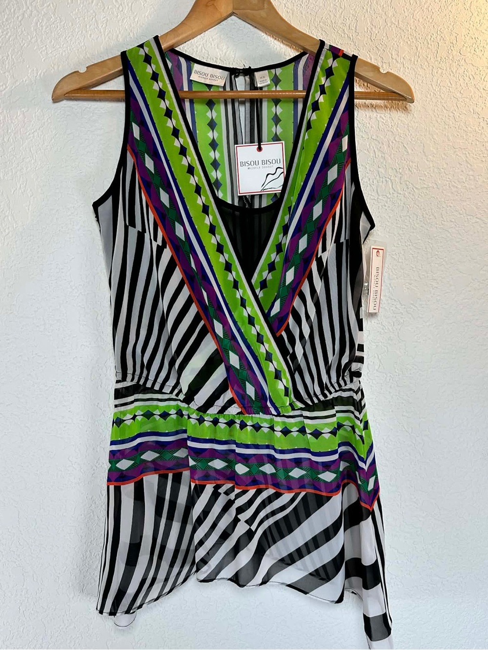 Bisou Bisou Black & White Striped Sleeveless Top with Lime, Purple and Blue Trim